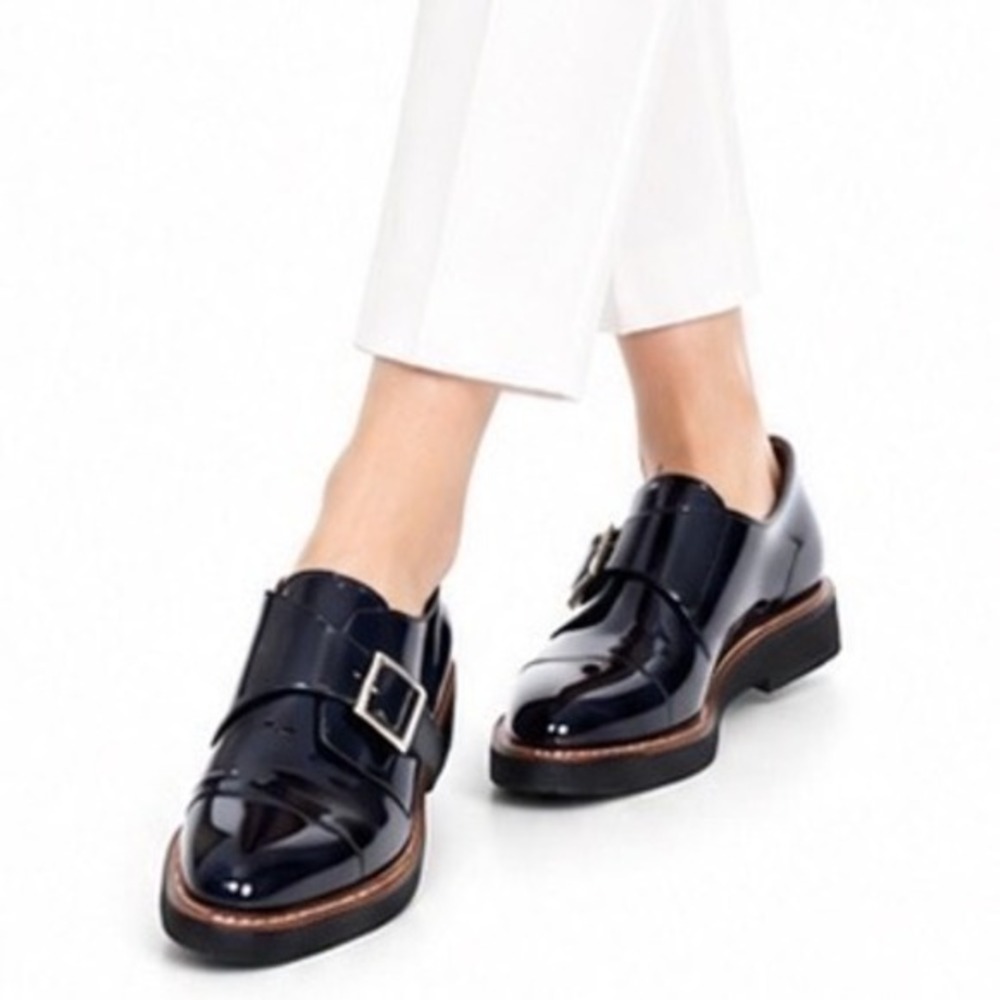 Halogen Haemma-Lea Navy Patent Leather Monk Strap Platform Loafers 11M 45-03